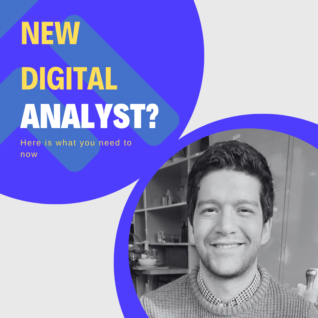 New Digital Analyst? Here is what you need to know - Image featuring a smiling man with a blue and yellow graphic design.