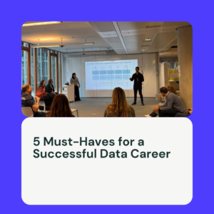 A professional presentation on data maturity and career growth, featuring a speaker discussing five key principles for a successful data career with an engaged audience.