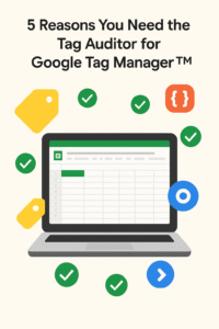 Flat illustration of a laptop displaying Google Sheets with floating Google Tag Auditor for Google Tag Manager around it, in Google’s brand colors.