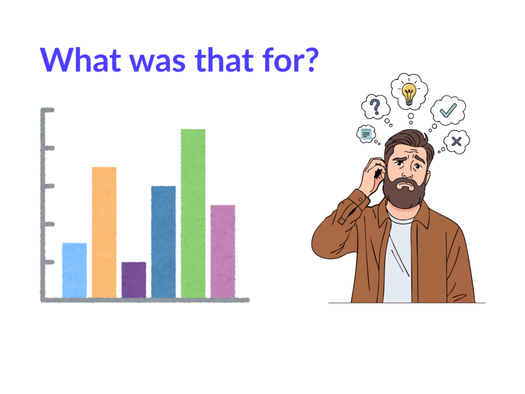Confused man looking at bar chart with unclear purpose — analytics metaphor for lack of KPI transparency