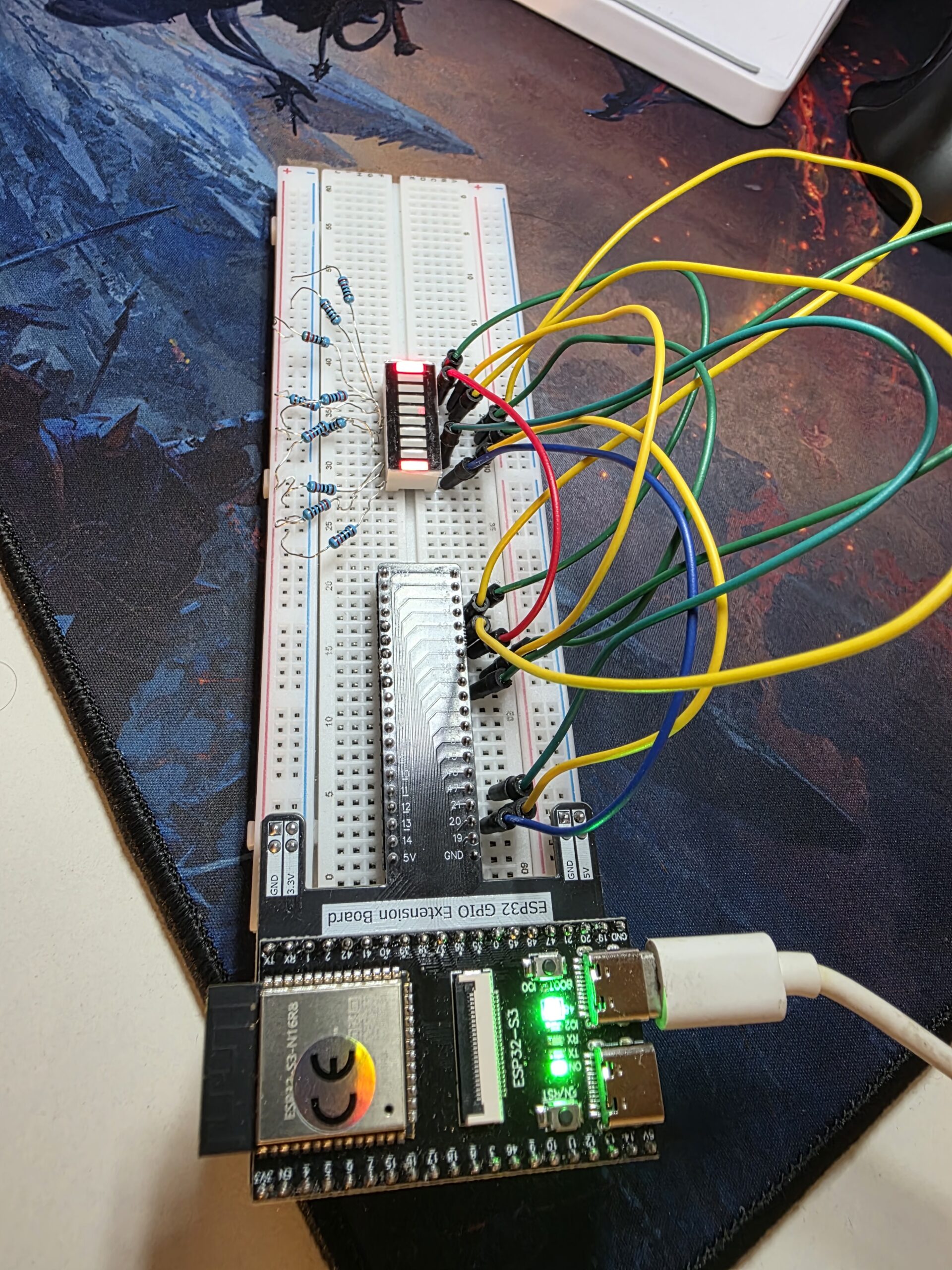 ESP32 S3 light bar project with multiple LEDs connected on breadboard using jumper wires
