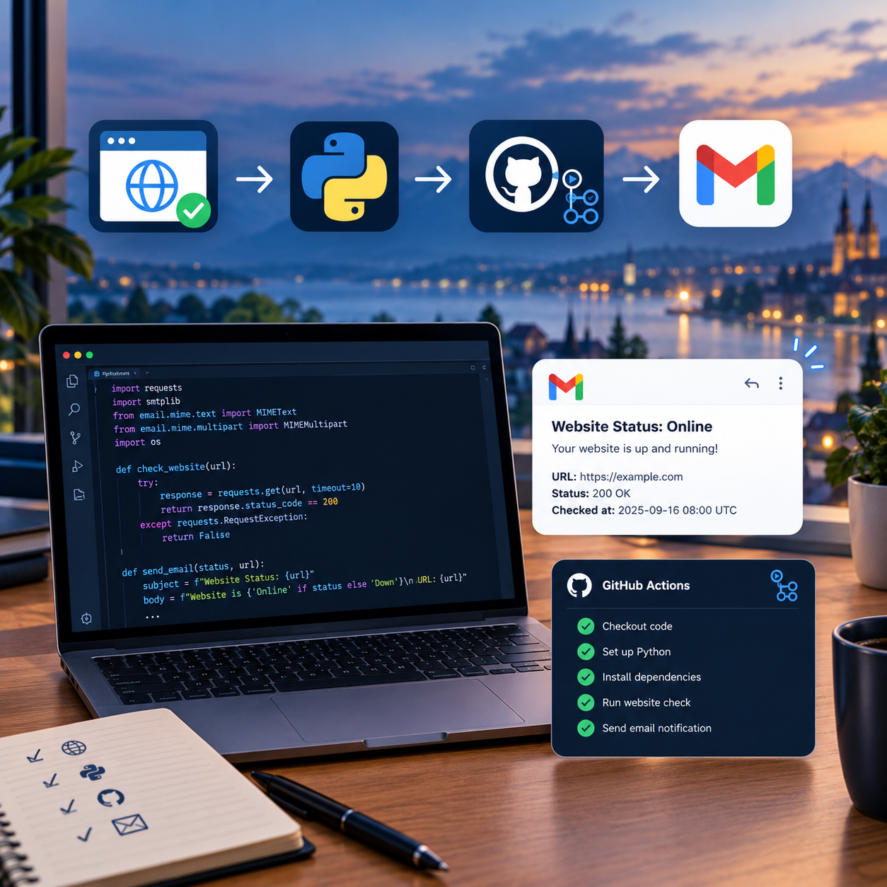 Python project: laptop screen running the website uptime checker script